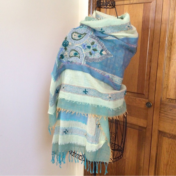 Handcrafted Shawl/Scarf, teal, boiled wool 68”x26” - Picture 3 of 10